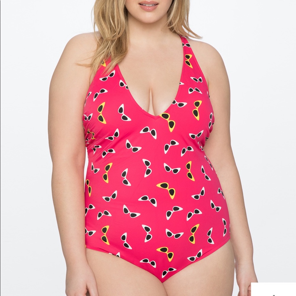Criss Cross One Piece Swimsuit w Sunglasses Print